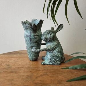 Rabbit And Carrot Verdigris Cast Metal Bud Vase Candleholder